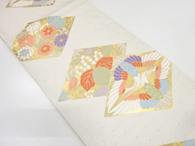 菱に向かい鶴・桐・菊模様織り出し袋帯